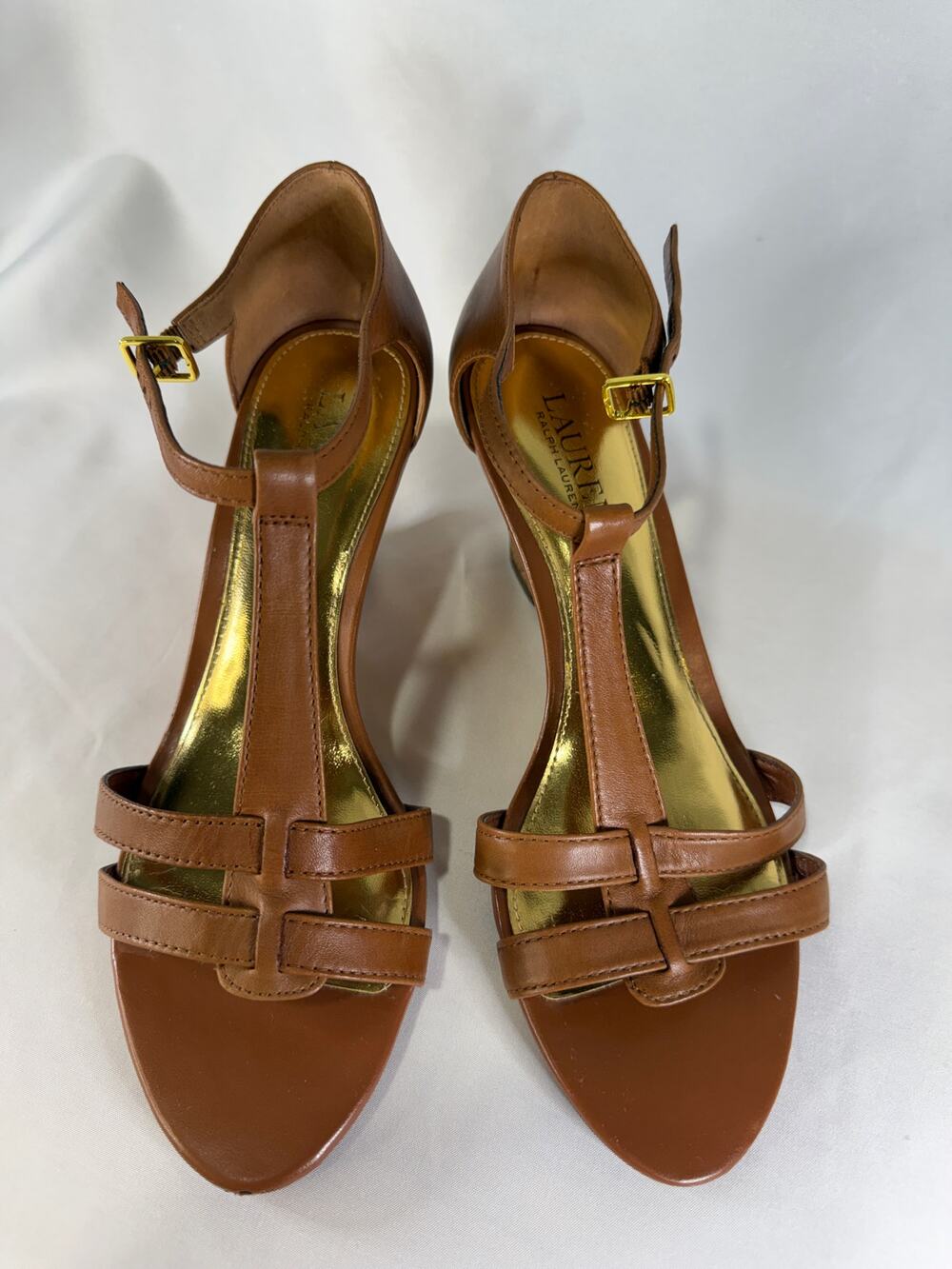 Lauren Ralph Lauren Brown Leather Cork Wedge Sandals Women’s Size 8B T-Strap